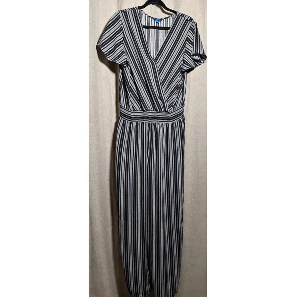 Apt 9 Womens Black White Striped V-Neck Flutter Sleeve Jumpsuit XL Smocked Waist